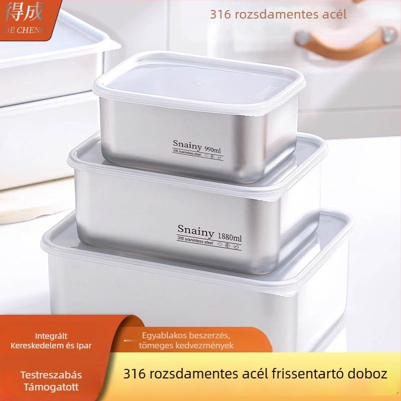 Rozsdamentes acél ebédes doboz fedéllel, légmentesen záródó, hűtő- és fagyasztóbarát, irodai ebédhez