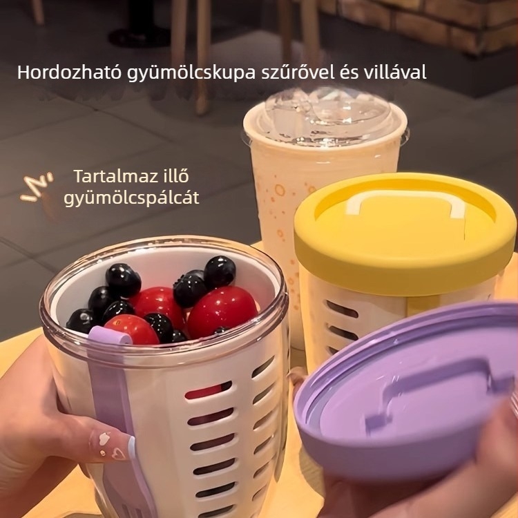 Beépített villával ellátott hordozható gyümölcs tál, élelmiszer-minőségű PP anyagból, hengeres alakú, kapacitás 300 ml alatt, leeresztési funkció