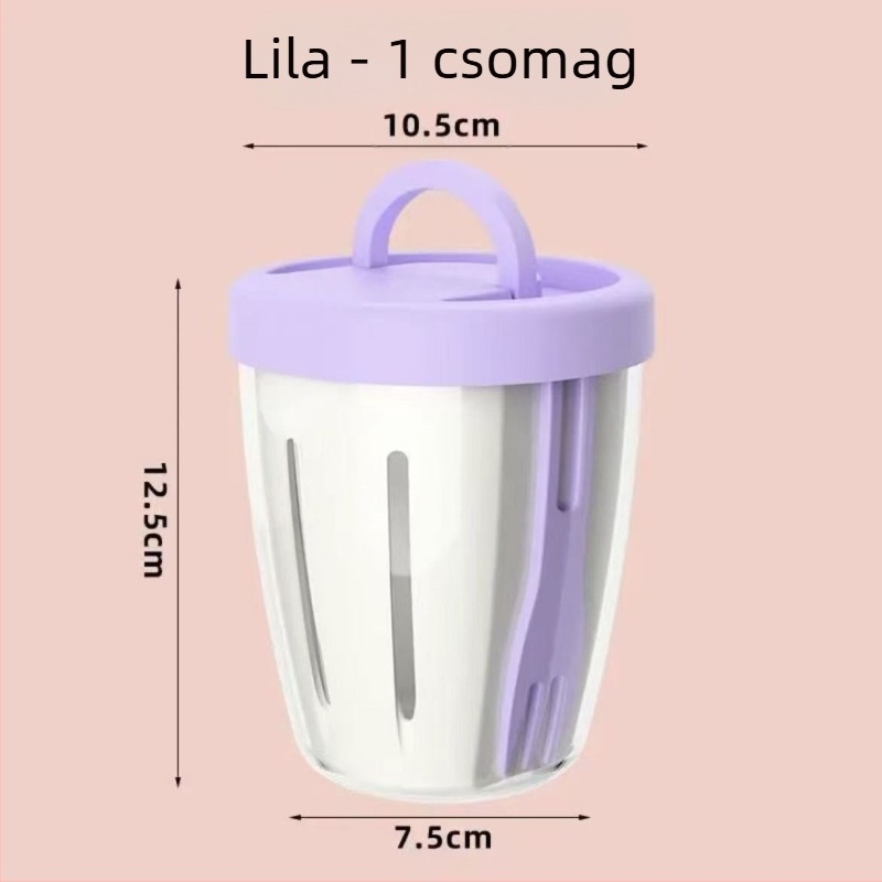 Beépített villával ellátott hordozható gyümölcs tál, élelmiszer-minőségű PP anyagból, hengeres alakú, kapacitás 300 ml alatt, leeresztési funkció