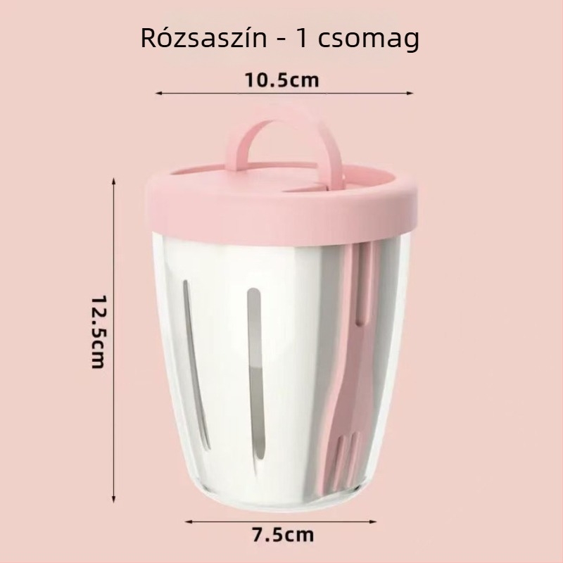 Beépített villával ellátott hordozható gyümölcs tál, élelmiszer-minőségű PP anyagból, hengeres alakú, kapacitás 300 ml alatt, leeresztési funkció