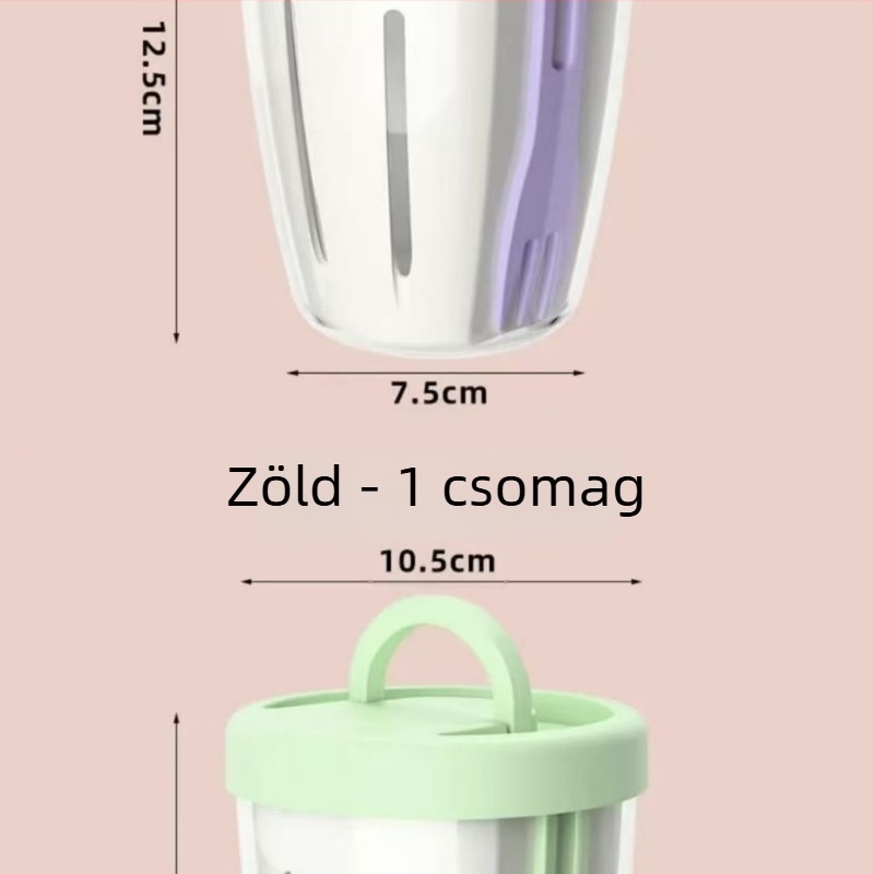 Beépített villával ellátott hordozható gyümölcs tál, élelmiszer-minőségű PP anyagból, hengeres alakú, kapacitás 300 ml alatt, leeresztési funkció