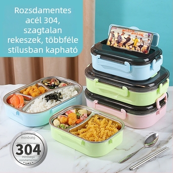 304-es rozsdamentes acélból készült osztott ebédes doboz vastagabb szigeteléssel, melegíthető, mikrohullámú sütőben használható, diákoknak, dolgozóknak és utazóknak