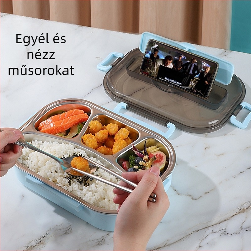 304-es rozsdamentes acélból készült osztott ebédes doboz vastagabb szigeteléssel, melegíthető, mikrohullámú sütőben használható, diákoknak, dolgozóknak és utazóknak