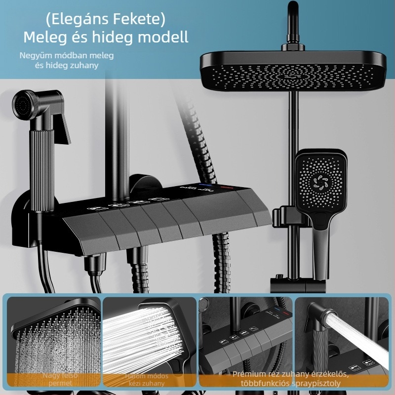 Réz fürdőszobai zuhanykészlet, falba épített, digitális kijelző, állandó hőmérséklet, esőzuhany