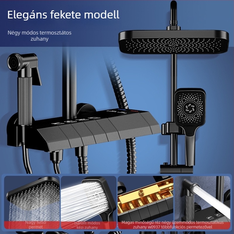 Réz fürdőszobai zuhanykészlet, falba épített, digitális kijelző, állandó hőmérséklet, esőzuhany