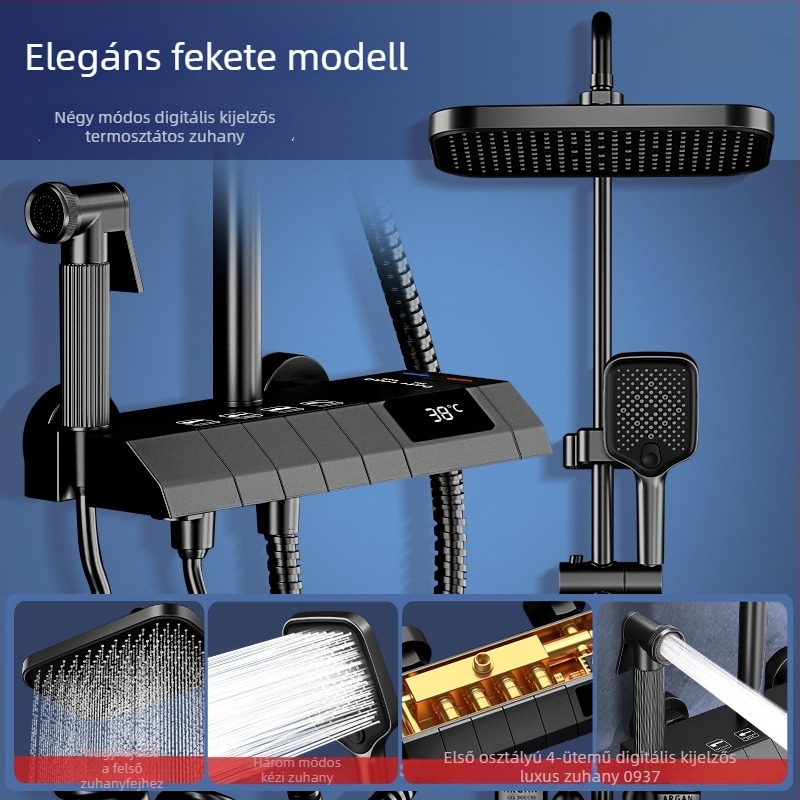 Réz fürdőszobai zuhanykészlet, falba épített, digitális kijelző, állandó hőmérséklet, esőzuhany