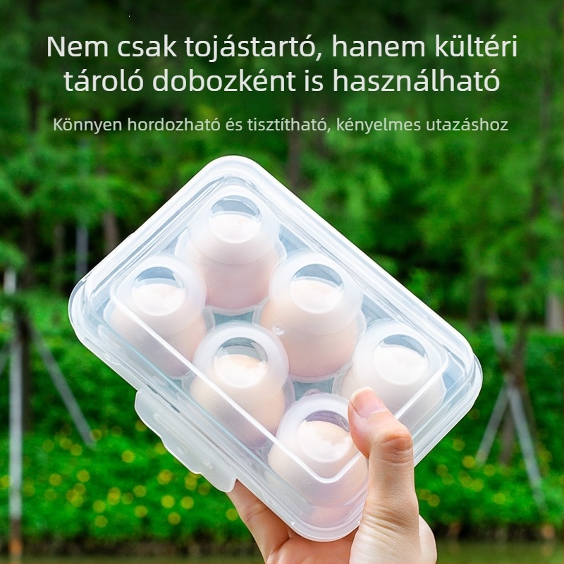 Kempingező tojás tároló doboz, fiókos kialakítás, ütésálló és törésálló, magasított kialakítás a frissesség megőrzéséhez