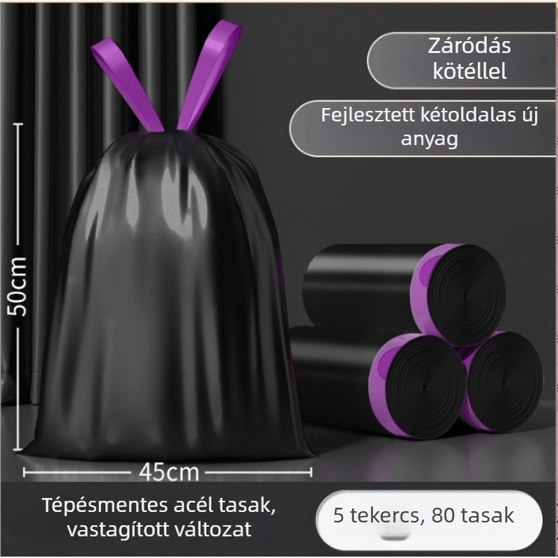 Húzózsinóros szemeteszsák, PE anyag, vastagított, újrahasználható, háztartási használatra