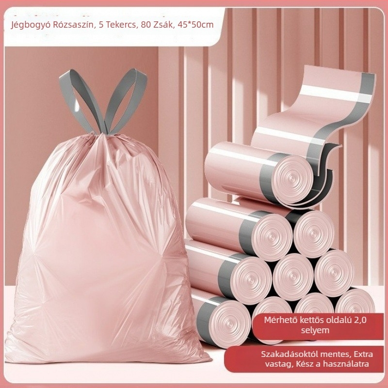 Húzózsinóros szemeteszsák, PE anyag, vastagított, újrahasználható, háztartási használatra