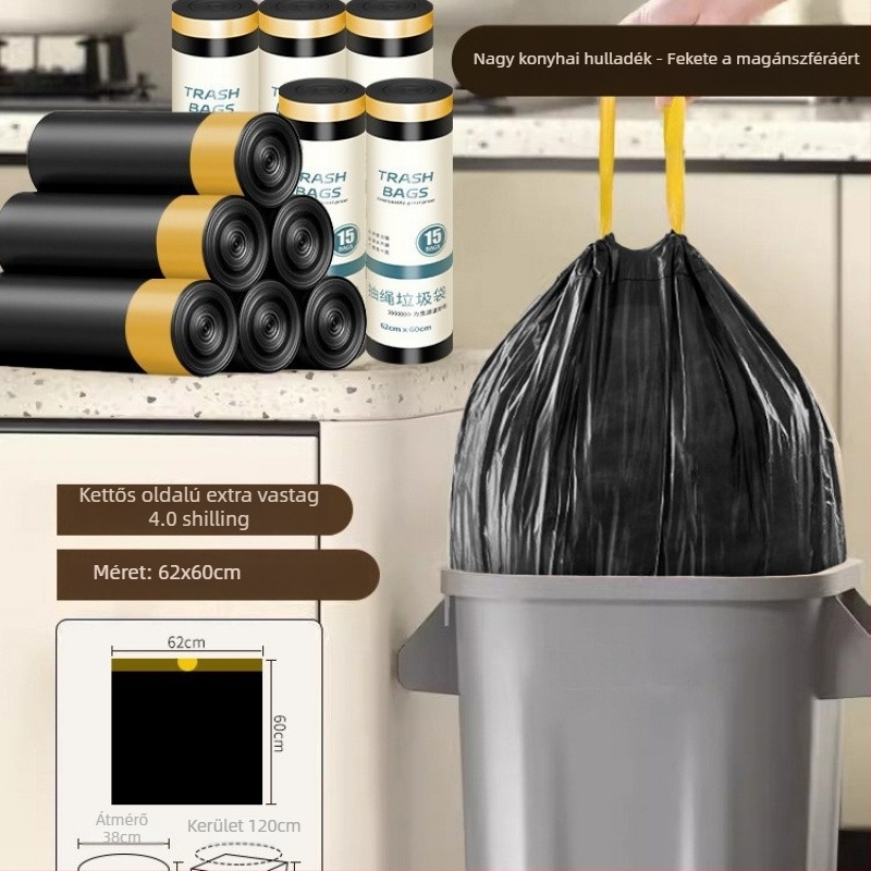 Húzózsinóros szemeteszsák, PE anyag, vastagított, újrahasználható, háztartási használatra