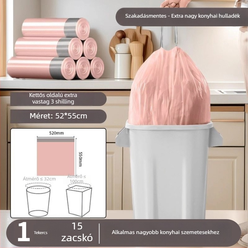Húzózsinóros szemeteszsák, PE anyag, vastagított, újrahasználható, háztartási használatra