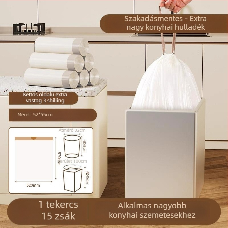 Húzózsinóros szemeteszsák, PE anyag, vastagított, újrahasználható, háztartási használatra