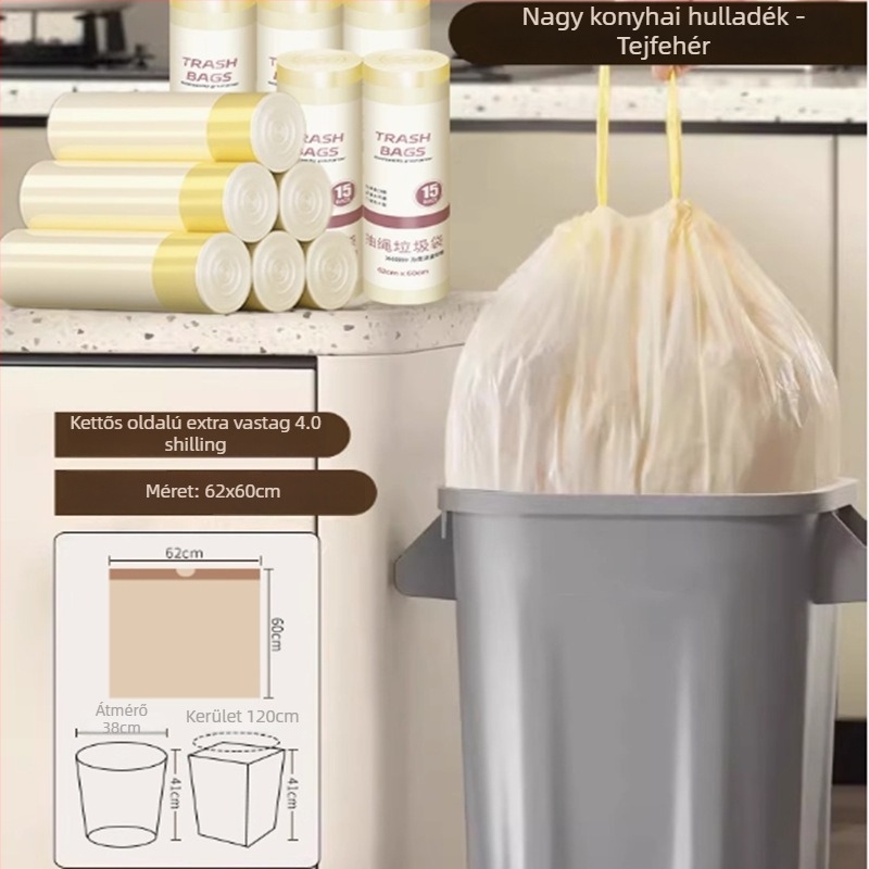 Húzózsinóros szemeteszsák, PE anyag, vastagított, újrahasználható, háztartási használatra