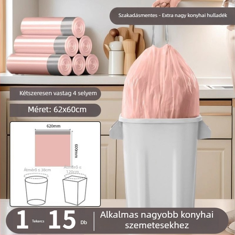 Húzózsinóros szemeteszsák, PE anyag, vastagított, újrahasználható, háztartási használatra