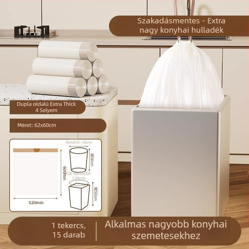 Húzózsinóros szemeteszsák, PE anyag, vastagított, újrahasználható, háztartási használatra