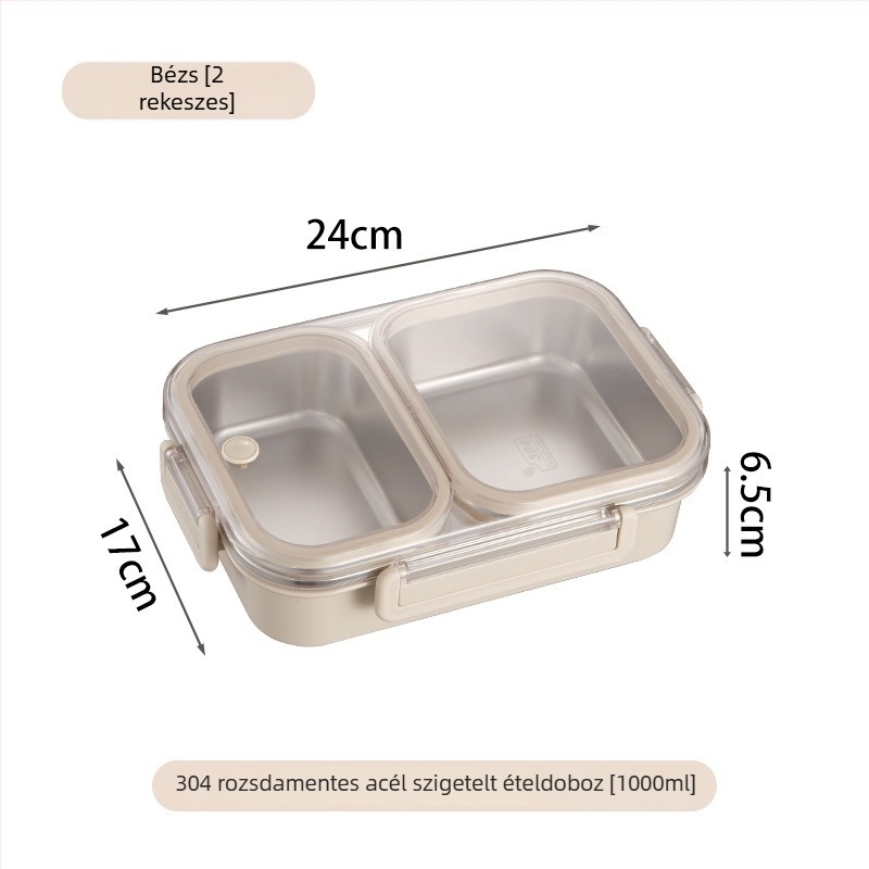 304 rozsdamentes acél ebéddoboz, 3 rekeszes bento, szagtűrő és zárható, iskola és iroda számára