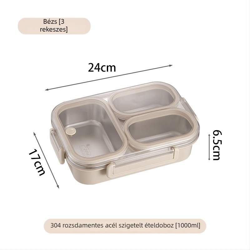 304 rozsdamentes acél ebéddoboz, 3 rekeszes bento, szagtűrő és zárható, iskola és iroda számára