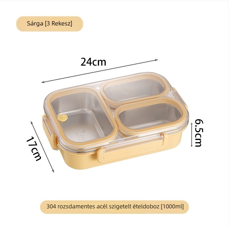 304 rozsdamentes acél ebéddoboz, 3 rekeszes bento, szagtűrő és zárható, iskola és iroda számára
