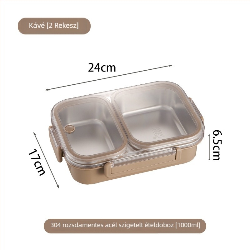 304 rozsdamentes acél ebéddoboz, 3 rekeszes bento, szagtűrő és zárható, iskola és iroda számára