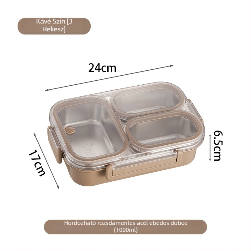 304 rozsdamentes acél ebéddoboz, 3 rekeszes bento, szagtűrő és zárható, iskola és iroda számára