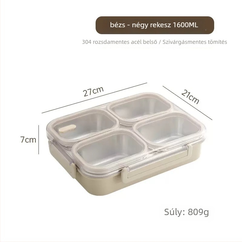 304 rozsdamentes acél ebéddoboz, 3 rekeszes bento, szagtűrő és zárható, iskola és iroda számára