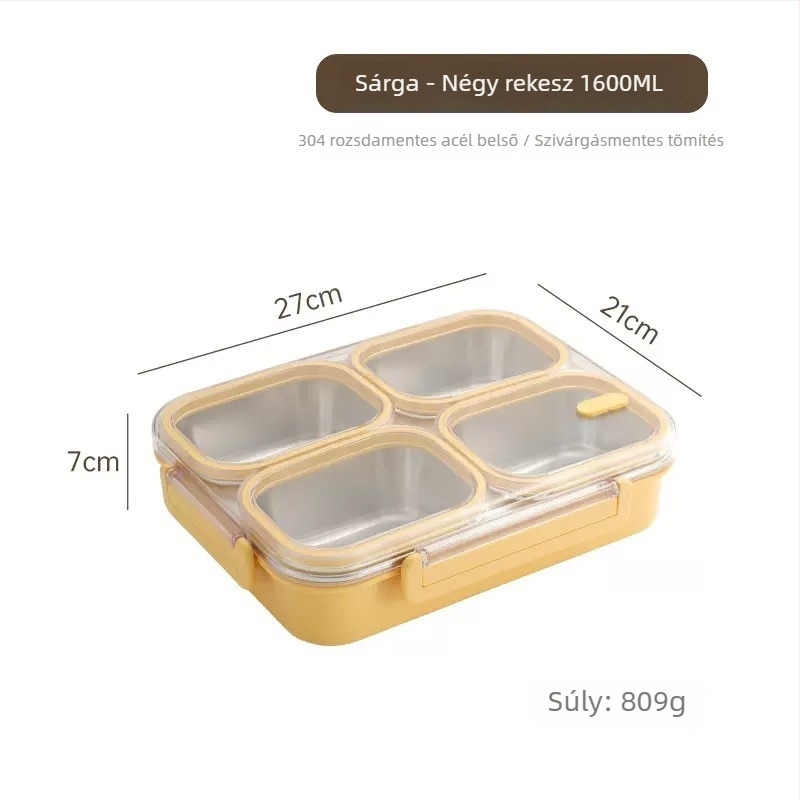 304 rozsdamentes acél ebéddoboz, 3 rekeszes bento, szagtűrő és zárható, iskola és iroda számára