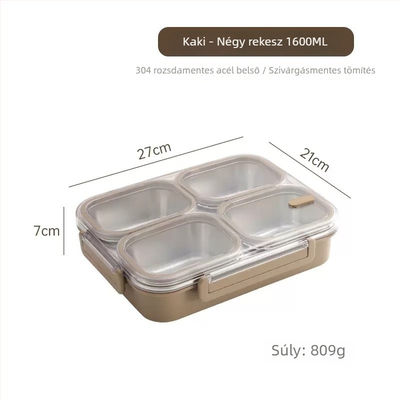 304 rozsdamentes acél ebéddoboz, 3 rekeszes bento, szagtűrő és zárható, iskola és iroda számára