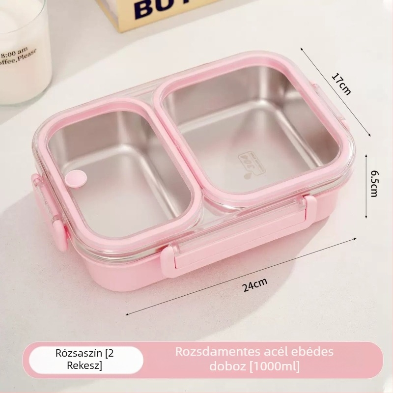 304 rozsdamentes acél ebéddoboz, 3 rekeszes bento, szagtűrő és zárható, iskola és iroda számára