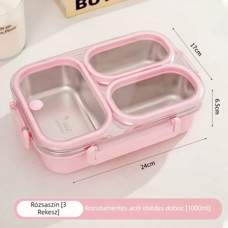 304 rozsdamentes acél ebéddoboz, 3 rekeszes bento, szagtűrő és zárható, iskola és iroda számára
