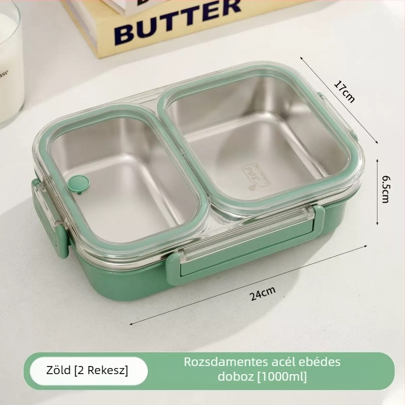 304 rozsdamentes acél ebéddoboz, 3 rekeszes bento, szagtűrő és zárható, iskola és iroda számára