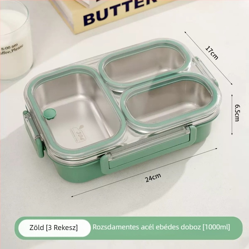 304 rozsdamentes acél ebéddoboz, 3 rekeszes bento, szagtűrő és zárható, iskola és iroda számára