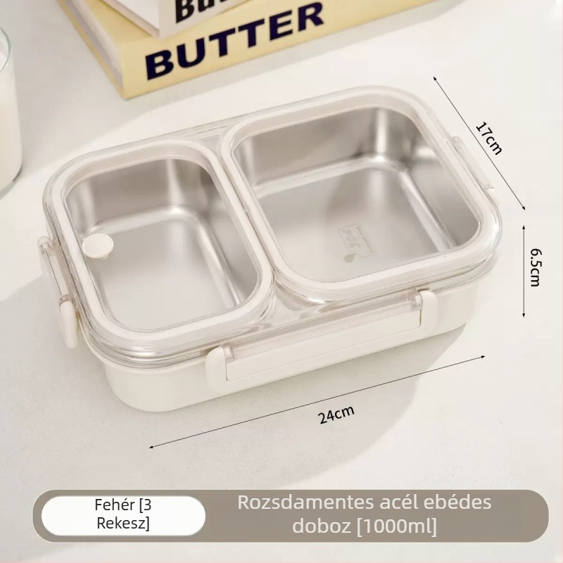 304 rozsdamentes acél ebéddoboz, 3 rekeszes bento, szagtűrő és zárható, iskola és iroda számára