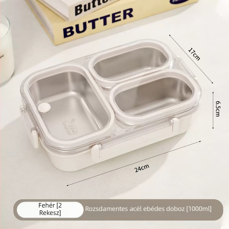 304 rozsdamentes acél ebéddoboz, 3 rekeszes bento, szagtűrő és zárható, iskola és iroda számára