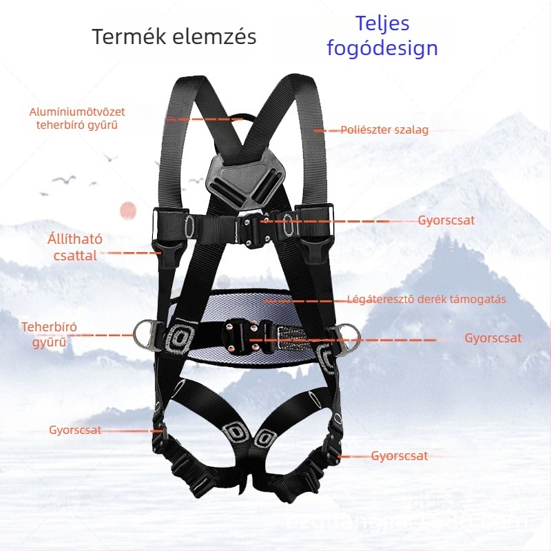 Guangjia Teljes testű ötpontos biztonsági öv dupla kampóval – 1,8 m biztonsági kötél, teherbírás 100 kg, magasban végzett munka
