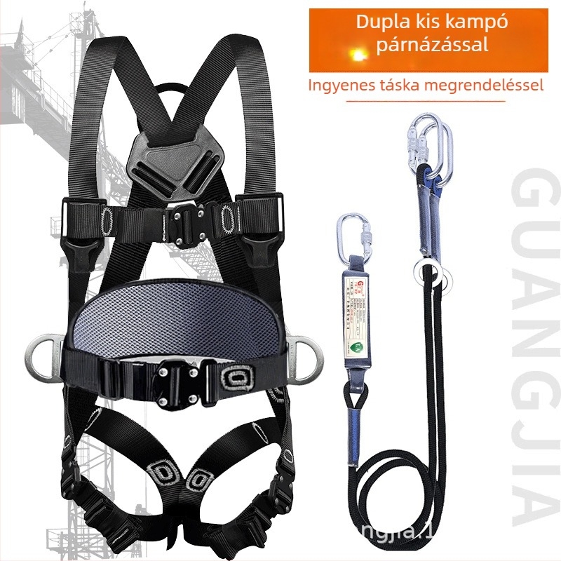 Guangjia Teljes testű ötpontos biztonsági öv dupla kampóval – 1,8 m biztonsági kötél, teherbírás 100 kg, magasban végzett munka
