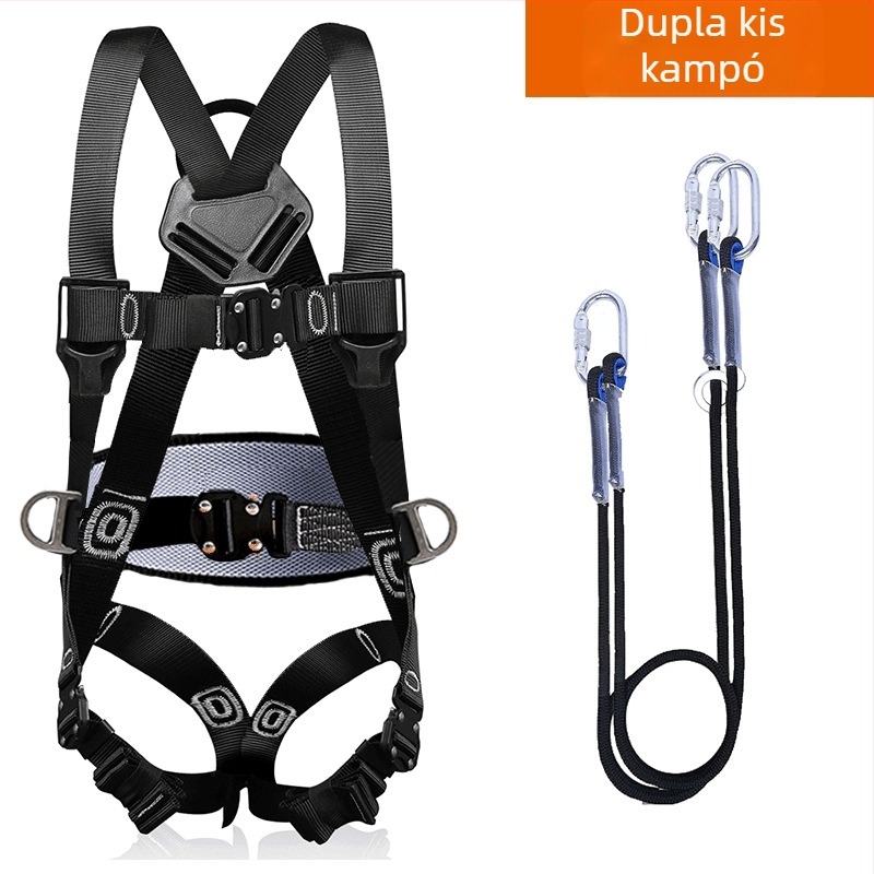 Guangjia Teljes testű ötpontos biztonsági öv dupla kampóval – 1,8 m biztonsági kötél, teherbírás 100 kg, magasban végzett munka