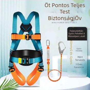 Ötpontos biztonsági heveder magasan végzett munkákhoz, teljes testkialakítás, dupla akasztók, gyorscsatlakozó