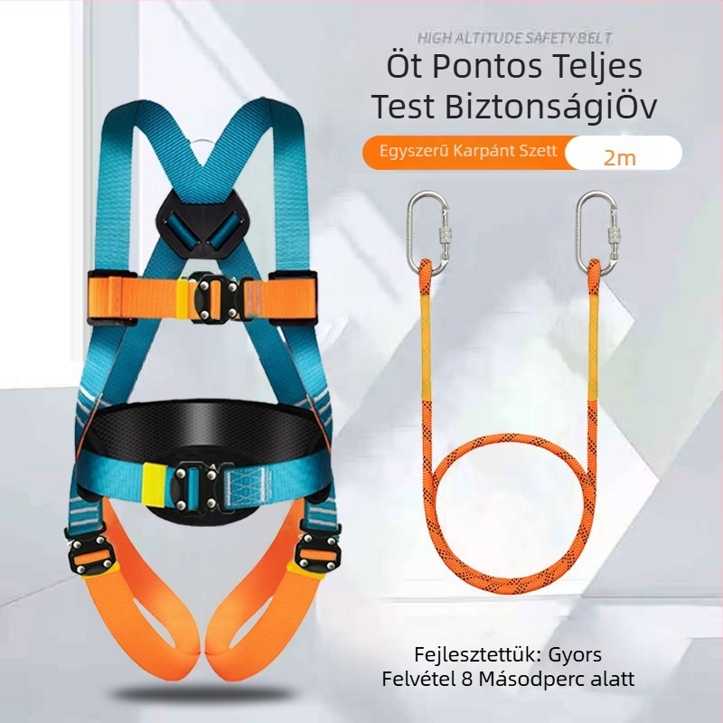 Ötpontos biztonsági heveder magasan végzett munkákhoz, teljes testkialakítás, dupla akasztók, gyorscsatlakozó