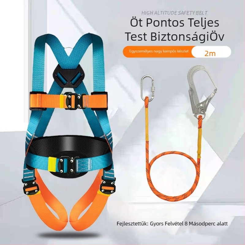Ötpontos biztonsági heveder magasan végzett munkákhoz, teljes testkialakítás, dupla akasztók, gyorscsatlakozó