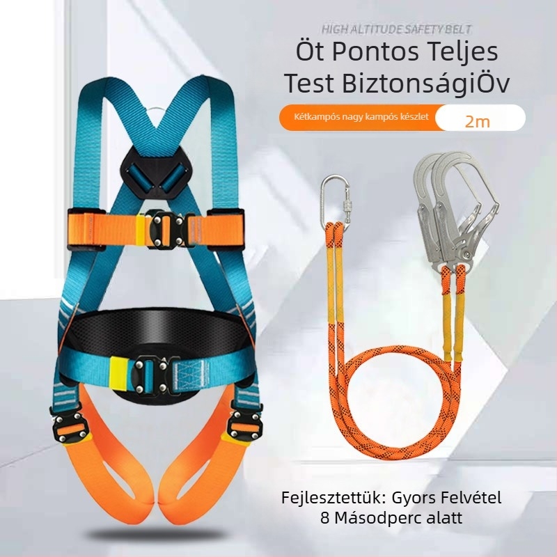 Ötpontos biztonsági heveder magasan végzett munkákhoz, teljes testkialakítás, dupla akasztók, gyorscsatlakozó
