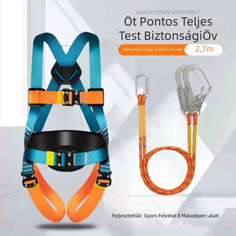 Ötpontos biztonsági heveder magasan végzett munkákhoz, teljes testkialakítás, dupla akasztók, gyorscsatlakozó