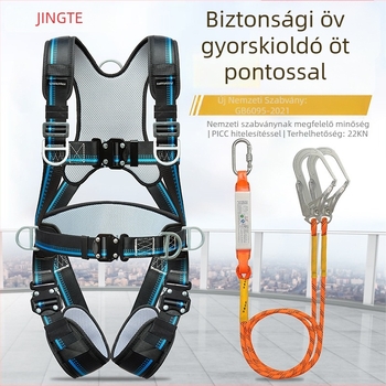 Öttpontos teljes testvédő hám, hátsó- és lábvédővel, lezáró csatokkal, magaslatú munkákhoz és építkezésekhez