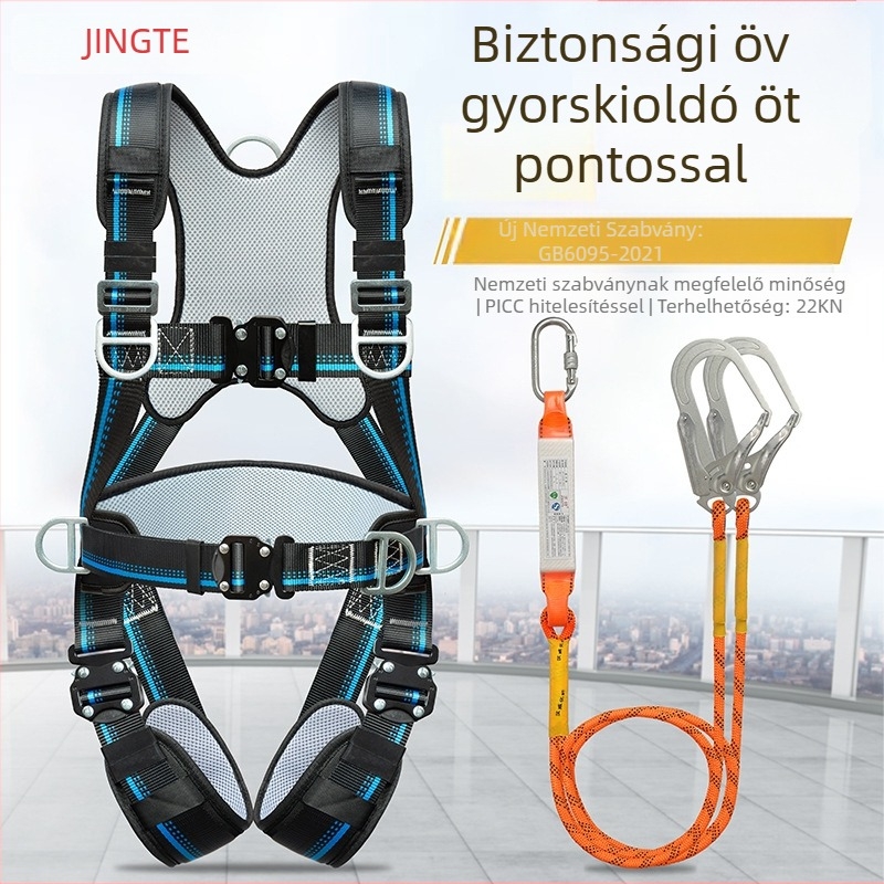 Öttpontos teljes testvédő hám, hátsó- és lábvédővel, lezáró csatokkal, magaslatú munkákhoz és építkezésekhez