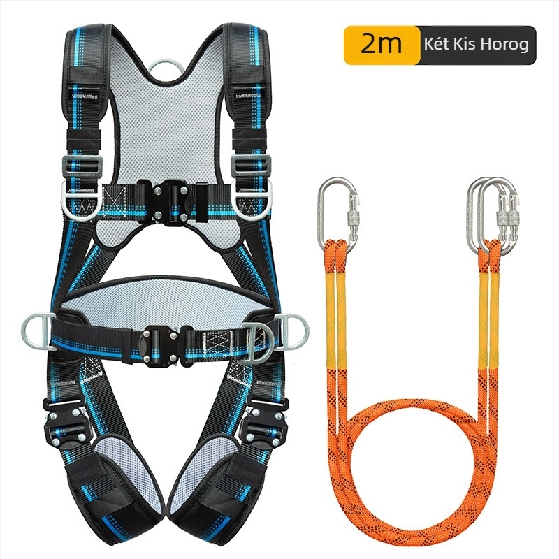 Öttpontos teljes testvédő hám, hátsó- és lábvédővel, lezáró csatokkal, magaslatú munkákhoz és építkezésekhez