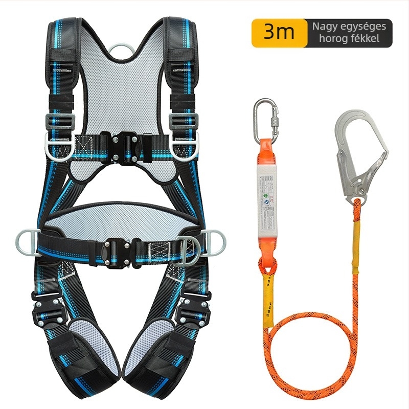 Öttpontos teljes testvédő hám, hátsó- és lábvédővel, lezáró csatokkal, magaslatú munkákhoz és építkezésekhez