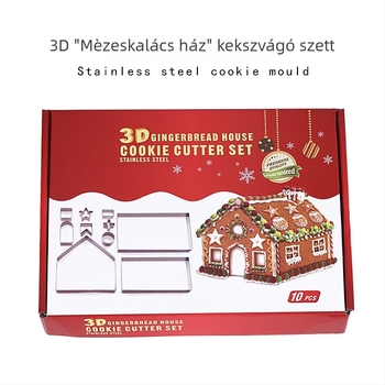 3D rozsdamentes acél süteményforma mézeskalács házhoz, 10 darabos készlet karácsonyi sütéshez