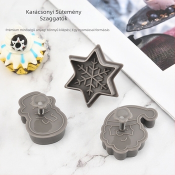 Süteményformák készlet (4 darab) — Karácsonyi formák: fenyőfa, Mikulás, hópelyhek, hóember; műanyag, sütéshez, modern egyszerű stílus