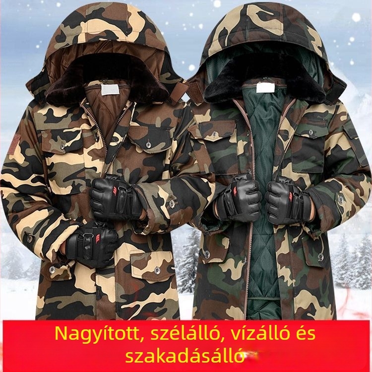 Férfi kamufvált pamut kabát, vízálló, levehető bélelt belső réteg, középhosszú, korduroj-lin szövés