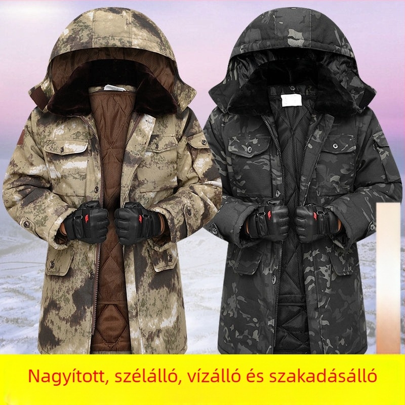Férfi kamufvált pamut kabát, vízálló, levehető bélelt belső réteg, középhosszú, korduroj-lin szövés