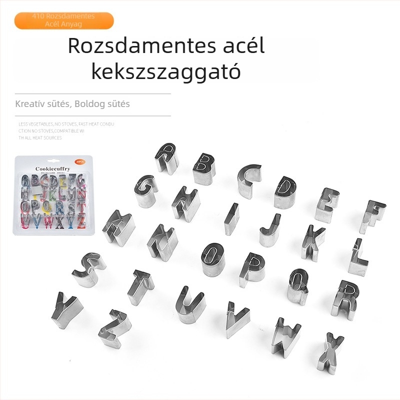 Alfanumerikus betű- és számformákkal készült sütiforma készlet, rozsdamentes acélból, Numeric Alphabet sorozat, szabálytalan alak, sütéshez